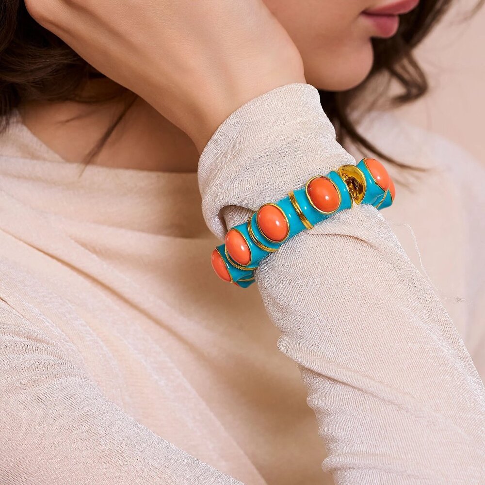 Kenneth Jay Lane, Enamel and Cabochon Hinged Bracelets, Turquoise/Coral - Picture 4 of 8